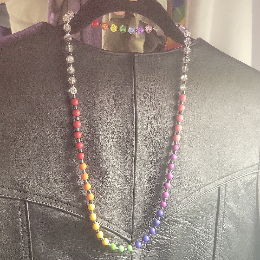Rainbow Handmade Beaded Necklace W/ Hematite, Glass Crackle, & Dyed Stone